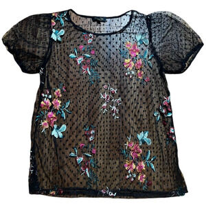 Suzanne Betro Womens Top L Black Red Floral Mesh